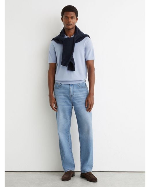 Reiss Blue Merino Wool Short-Sleeve Polo Shirt for men
