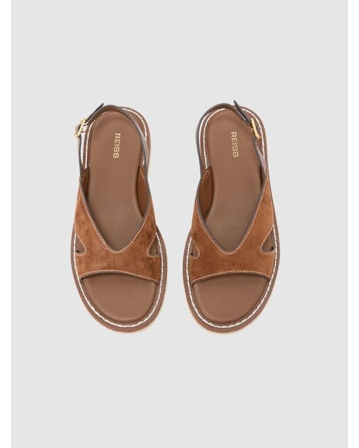Reiss Brown Suede Contrast-Stitch Flat Sandals