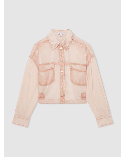 Reiss Pink Darcy Cotton Denim-Print Cropped Shirt