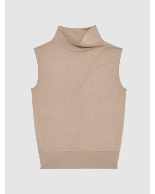 Reiss Natural Honey - Neutral Wool Funnel-neck Sleeveless Knit Top, M (us 8-10)