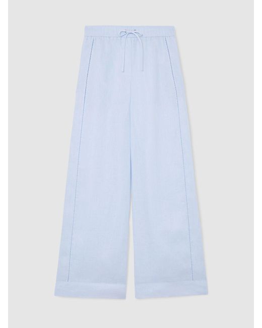 Reiss Riley - Silver Blue Linen Ladder-embroidery Wide-leg Trousers, Us 12 R