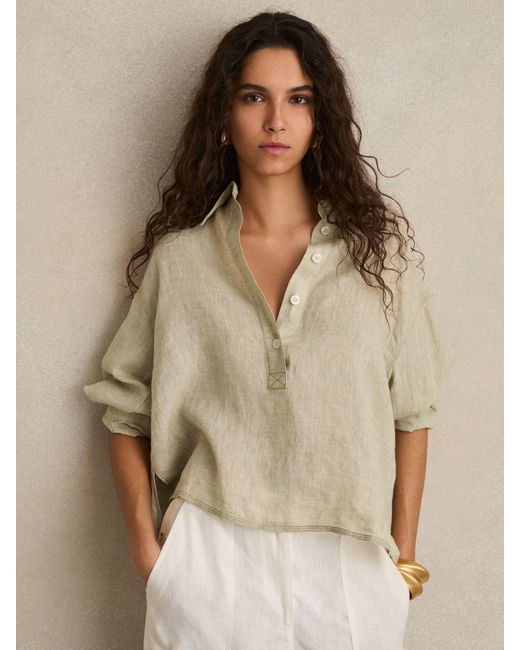 Reiss Natural Nina - Sage Linen Overhead Open-collar Shirt, Us 10