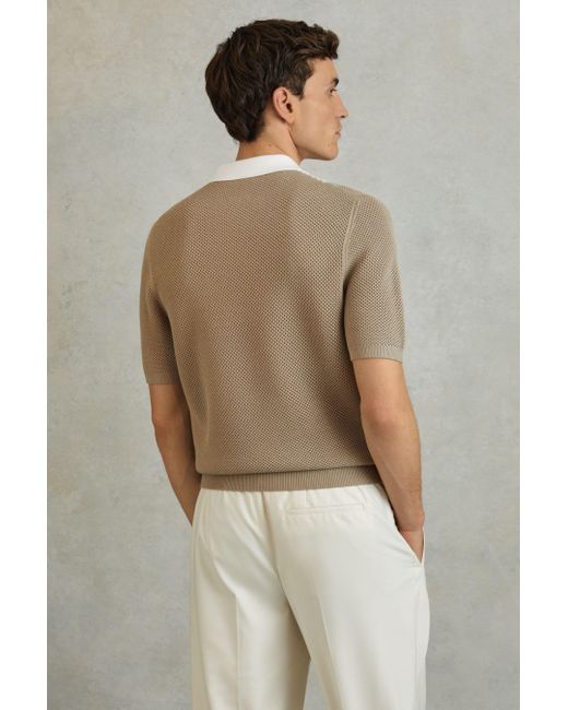 Reiss Brown Berlin - Camel/white Open-stitch Half-zip Polo Shirt for men