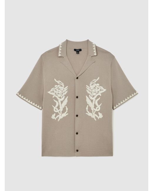 Reiss Natural Floral-Embroidered Knitted Shirt for men