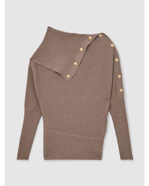 Reiss Brown Rib-Knit Button Shawl Jumper
