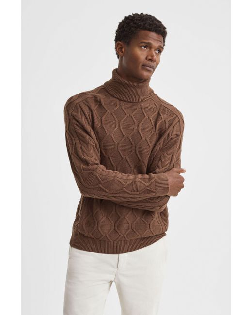Reiss Brown Alston - Tobacco Cable Knitted Roll Neck Jumper for men