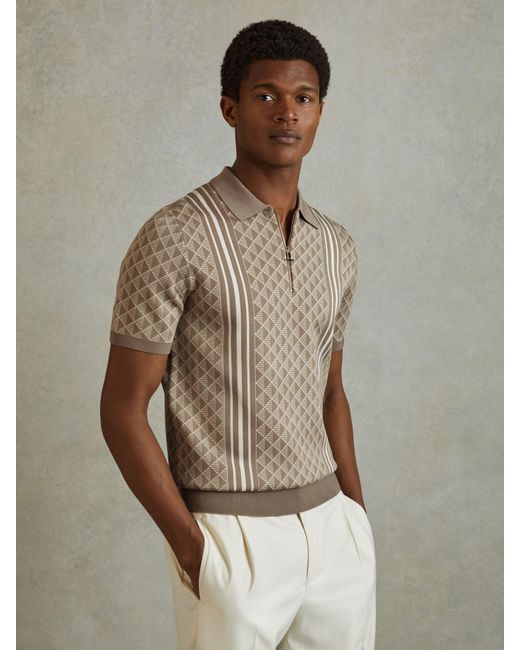 Reiss Brown Sanderson - Oatmeal Half-zip Diamond Stitch Polo Shirt, S for men