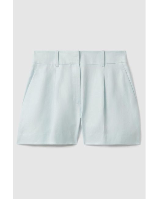 Reiss Gray Lori - Blue Viscose-linen Front Pleat Suit Shorts