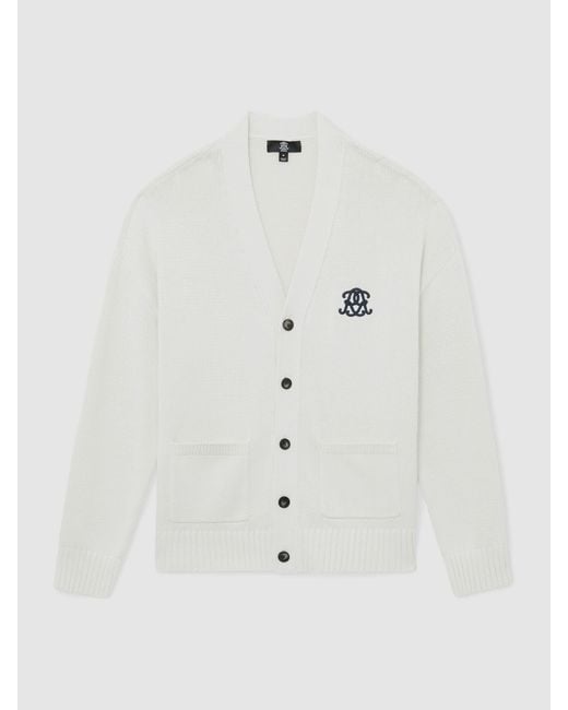 Reiss White Monogram-Embroidered Relaxed Cardigan for men