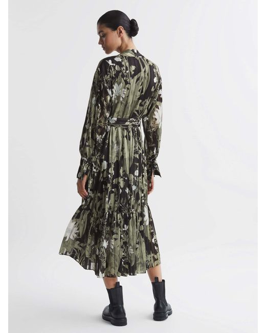Reiss Green Lottie Geblümtes Midi-Kleid Mit Krawattenausschnitt40