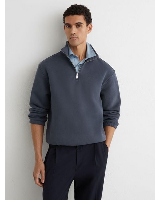 Reiss Blue Cotton-Blend Washed Half-Zip Sweatshirt for men