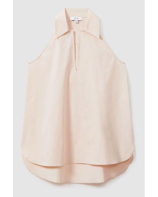 Reiss Natural Layla - Neutral Open-collar Cotton Blend Sleeveless Top
