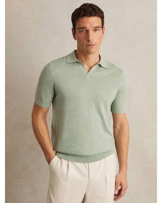 Reiss Green Merino Wool Open Collar Polo Shirt for men