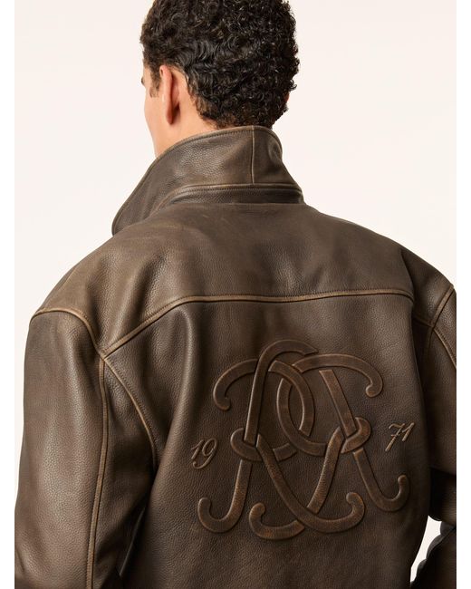 Reiss Pierce - Brown Monogram Embossed Leather Jacket Relaxed-fit, Xl for men