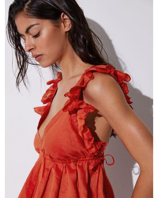 Reiss Red Ruffle Trim Side-Tie Babydoll Top