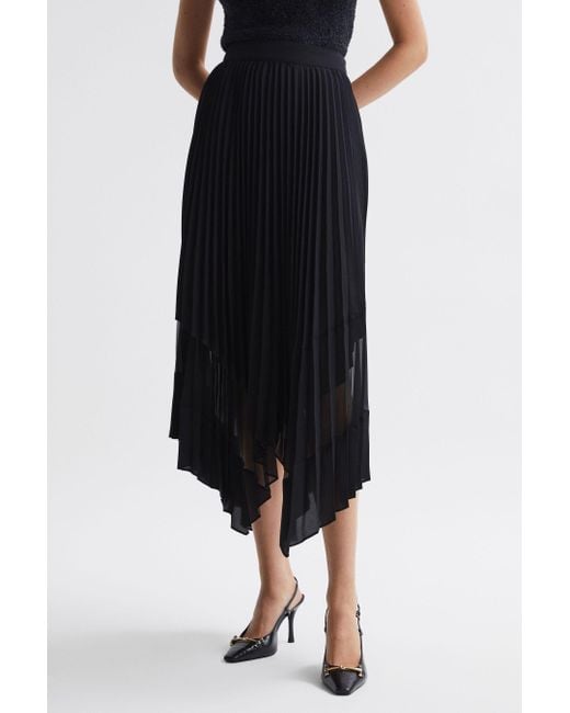 Reiss Dina - Black Pleated Layered Asymmetric Midi Skirt