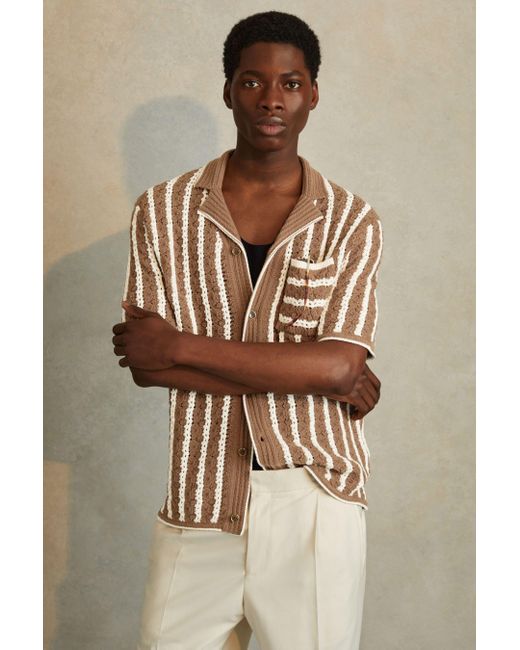 Reiss Natural Spritz - Camel/white Oversized Crochet Striped Cuban Collar Shirt for men