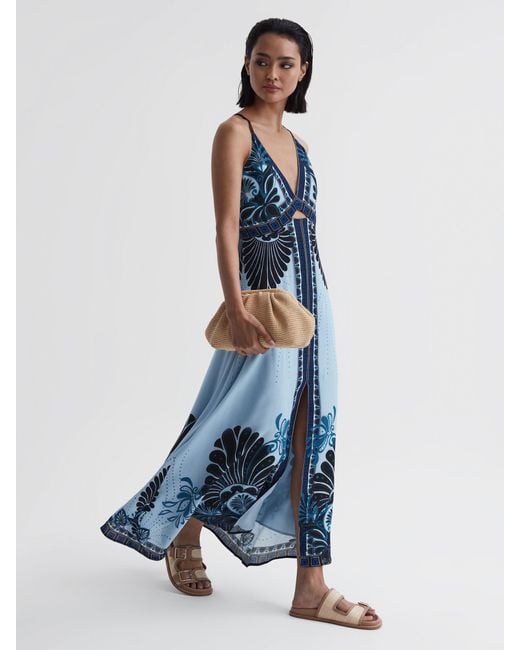 Reiss Blue Emerson Palm-print Woven Maxi Dress