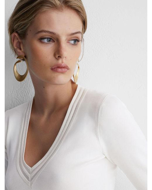 ATELIER White Silk-Blend Knit V-Neck Top