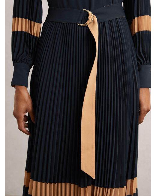 Reiss Blue Camel Colour-Block Pleated Midi Dress