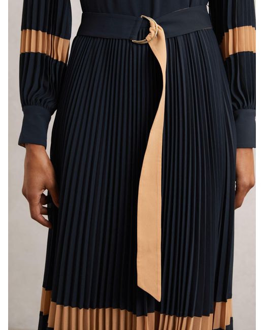 Reiss Blue Camel Colour-Block Pleated Midi Dress