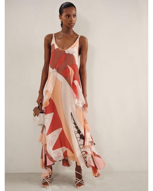 Reiss Multicolor Sasha - Cream/red Printed Ruffle Trim Maxi Dress, Us 0