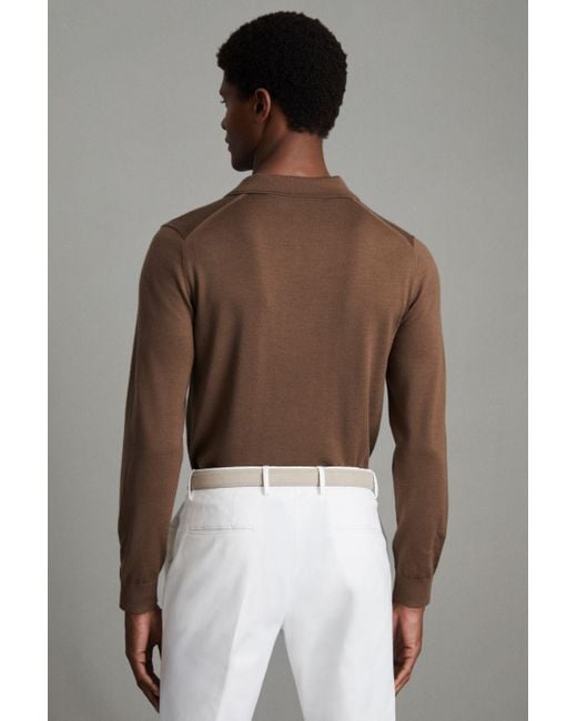 Reiss Milburn - Pecan Brown Merino Wool Open Collar Polo Shirt for men