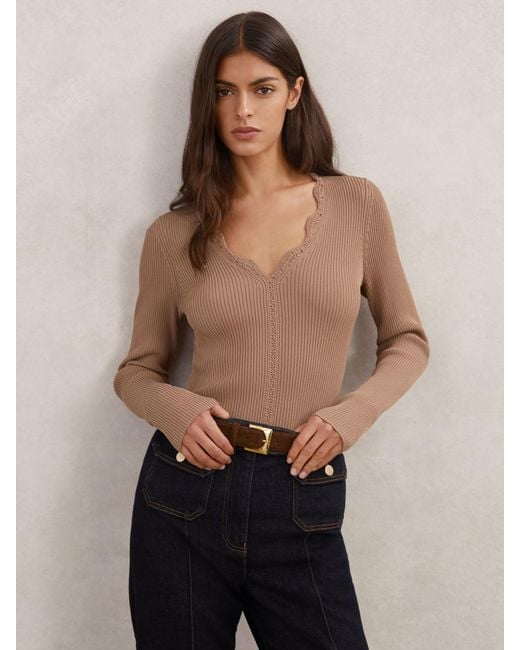 Reiss Blue Lara - Taupe Neutral Crochet Stitch Top, M