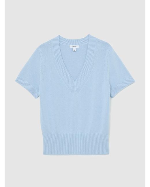 Reiss Valerie - Soft Blue Cotton-wool Knit V-neck Top, L (us 12-14)