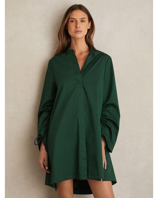 Reiss Grazia - Green Cotton Gathered Cut-out Shirt Dress With Stretch, Us 2