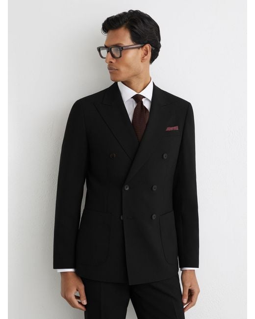 Reiss Men's Black Double-Breasted Suit Jacket Tailored-Fit With Wool
