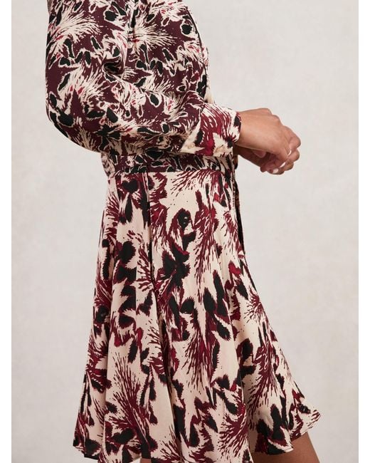 Reiss Natural Burgundy & Cream Tie-Waist Flippy Mini Dress