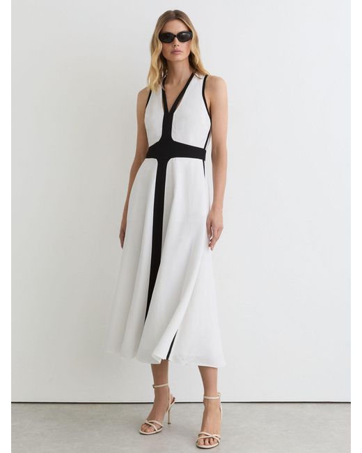 Reiss White Petite Contrast-Trim Cross-Back Midi Dress With Linen