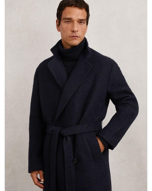 Reiss Blue Bouclé Double-Breasted Overcoat Wool-Blend for men