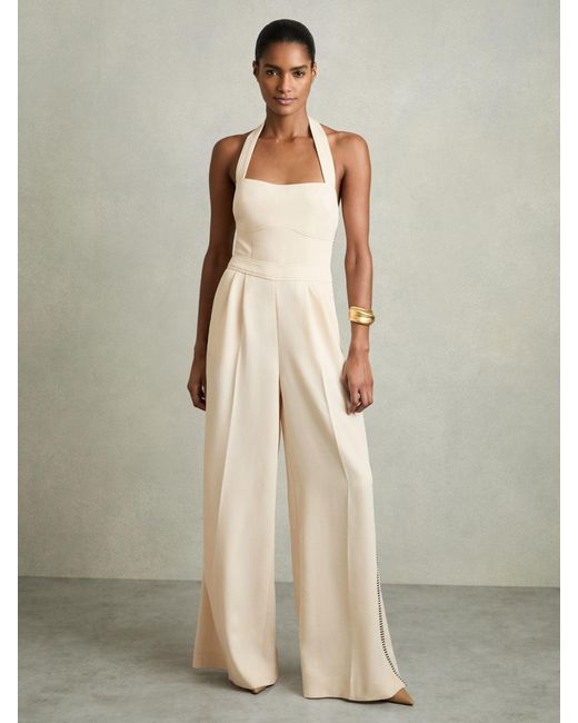 Reiss Natural Viola - Cream Petite Embroidery Halterneck Wide-leg Jumpsuit, Us 8