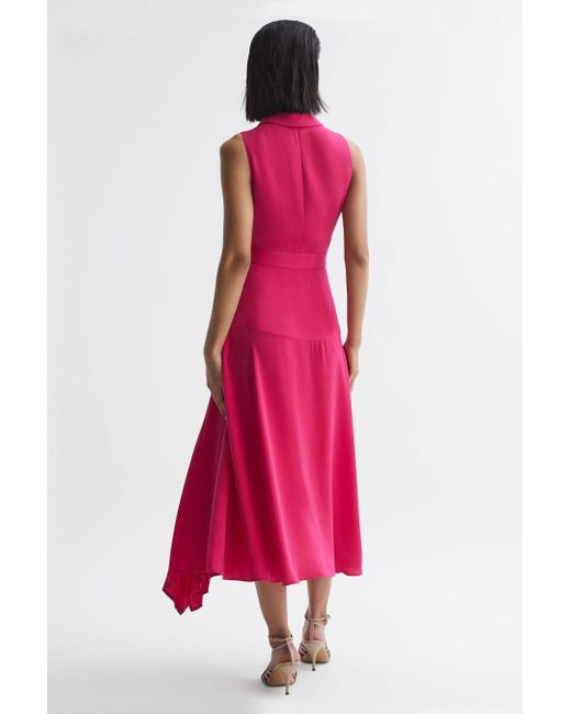 Reiss Red Claire - Pink Pleated Fitted Midi Dress