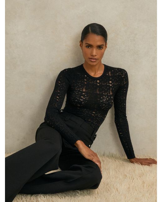 Reiss Black Atelier Lace-Knit Long-Sleeve Bodysuit