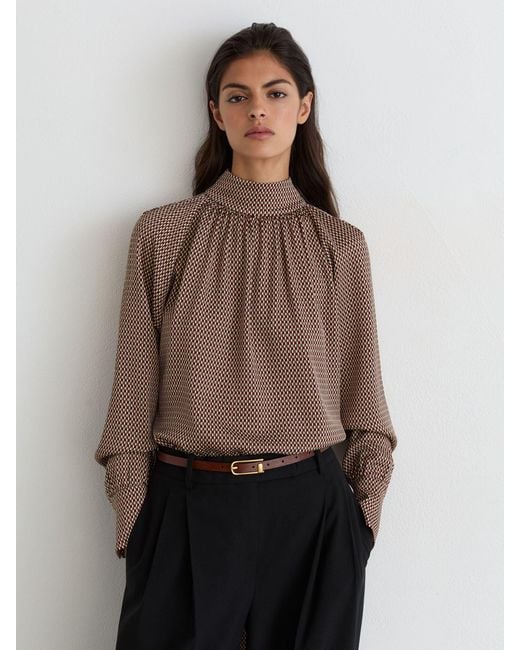 Reiss Brown Geometric-Print Tie-Neck Blouse