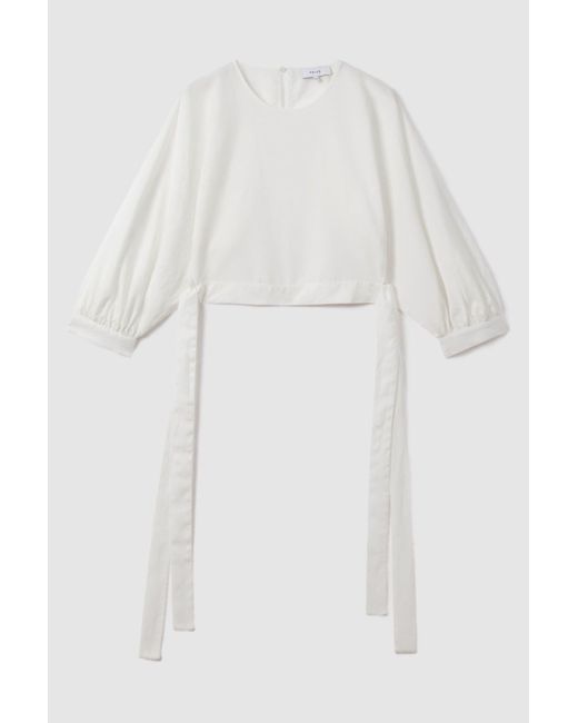 Reiss Natural Immy - Ivory Cropped Blouson Sleeve Top