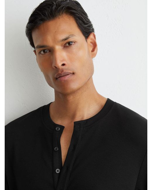 Reiss Black Ribbed Long-Sleeve Henley T-Shirt for men