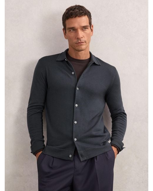 Reiss Blue Merino Wool Button-Through Cardigan for men