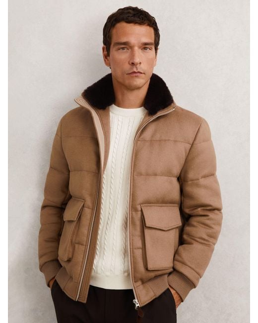 Reiss Brown Faux-Fur Collar Quilted Puffer Jacket for men