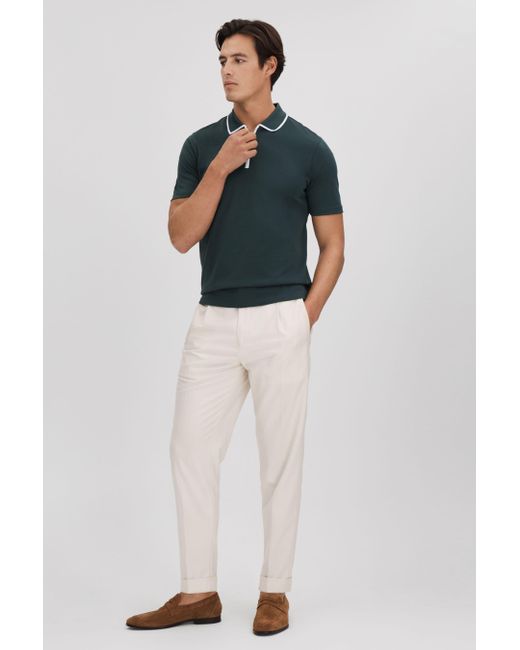Reiss Cannes - Dark Green Cotton Contrast Collar Half-zip Polo Shirt for men