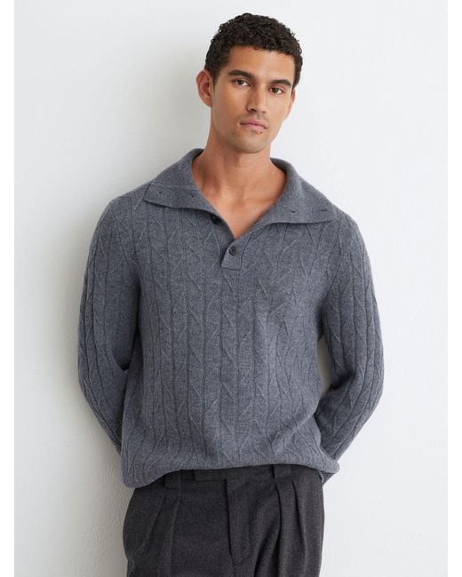 Reiss Gray Wool Stitch-Detail Half-Button Jumper for men
