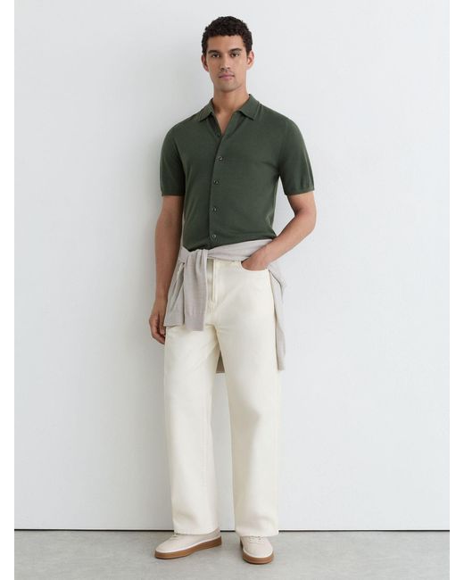 Reiss Green Merino Wool Button-Through Shirt for men
