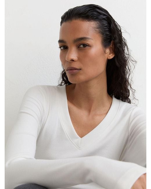 Reiss White Cotton-Stretch V-Neck Ruched Top