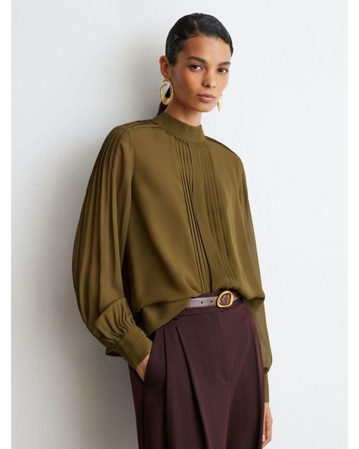 Reiss Brown Pintuck-Detail Tie-Back Blouse