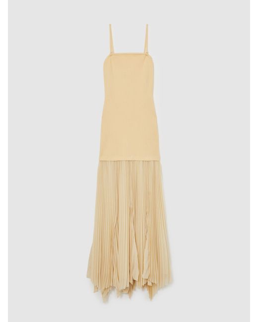 Reiss Natural Milana - Yellow Pleated Skirt Ribbed Midi Dress, Us 10