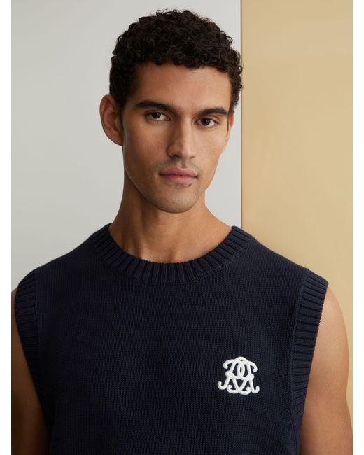 Reiss Blue Monogram Embroidered Relaxed Knit Vest for men