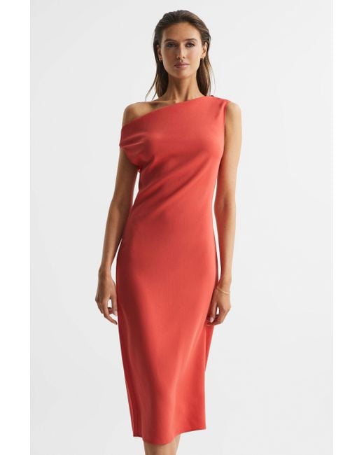 Reiss Red Zaria - Coral Off-shoulder Bodycon Midi Dress, Us 12